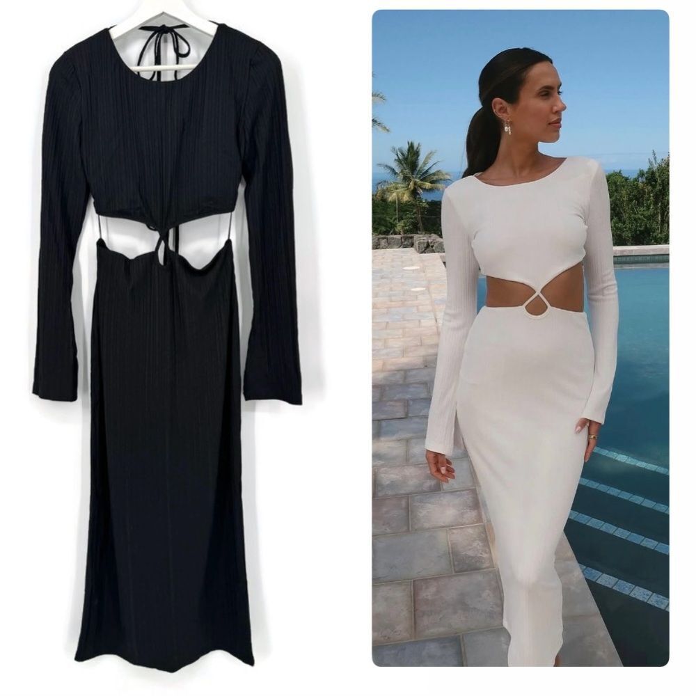 Rumer Oasis Black Ribbed Cut Out Long Sleeve Dress Large NWT